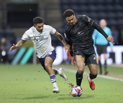 040325 - Preston North End v Swansea City - Sky Bet Championship - Myles Peart-Harris of Swansea outruns Kaine Kesler-Hayden of Preston North End