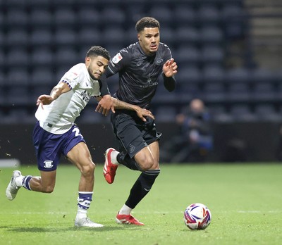 040325 - Preston North End v Swansea City - Sky Bet Championship - Myles Peart-Harris of Swansea outruns Kaine Kesler-Hayden of Preston North End