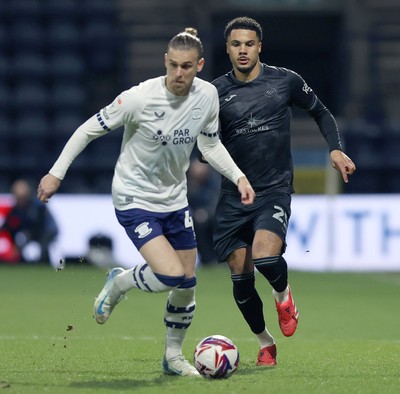 040325 - Preston North End v Swansea City - Sky Bet Championship - Brad Potts of Preston North End and Myles Peart-Harris of Swansea