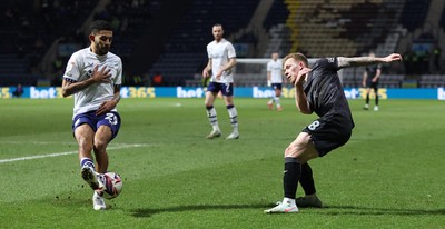 040325 - Preston North End v Swansea City - Sky Bet Championship - Lewis O'Brien of Swansea shot on goal blocked by Kaine Kesler-Hayden of Preston North End