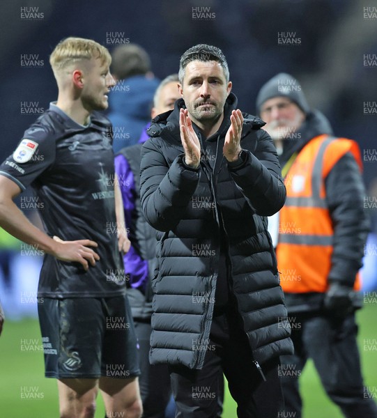 040325 - Preston North End v Swansea City - Sky Bet Championship - Swansea manager Alan Sheehan gives applause at the end of the match