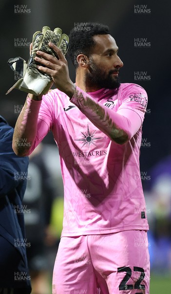 040325 - Preston North End v Swansea City - Sky Bet Championship - Lawrence Vigouroux of Swansea  at the end of the match applauds the travelling fans