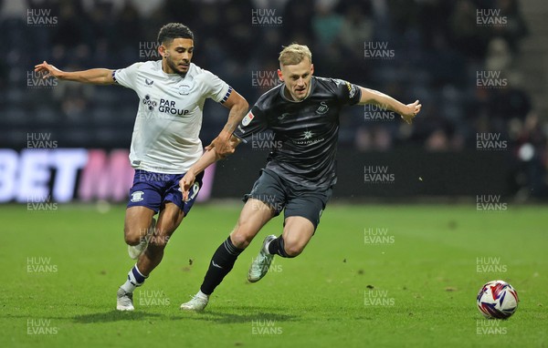 040325 - Preston North End v Swansea City - Sky Bet Championship - Harry Darling of Swansea and Kaine Kesler-Hayden of Preston North End