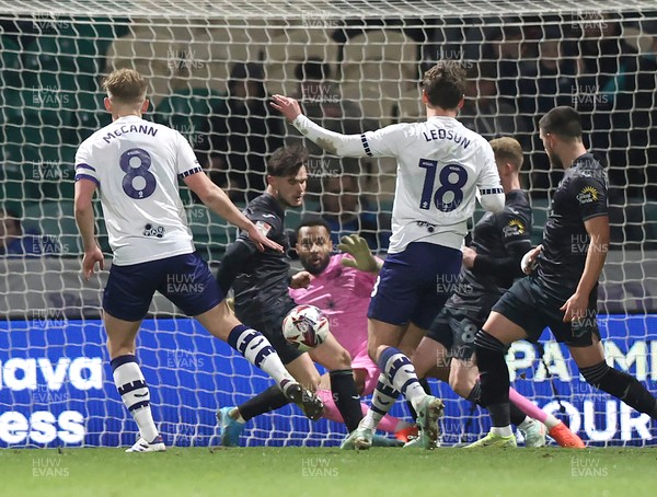 040325 - Preston North End v Swansea City - Sky Bet Championship - Liam Cullen of Swansea shows good defence as he turns the ball away