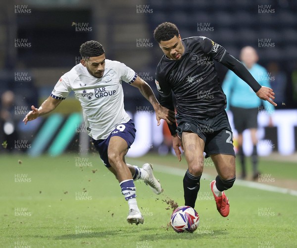 040325 - Preston North End v Swansea City - Sky Bet Championship - Myles Peart-Harris of Swansea outruns Kaine Kesler-Hayden of Preston North End