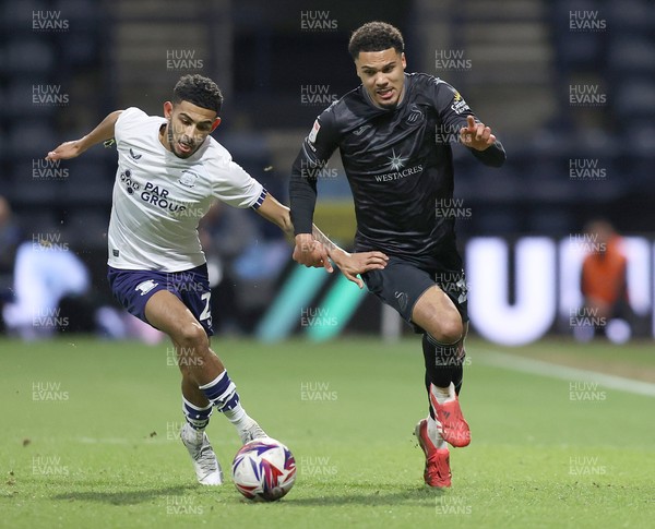 040325 - Preston North End v Swansea City - Sky Bet Championship - Myles Peart-Harris of Swansea outruns Kaine Kesler-Hayden of Preston North End