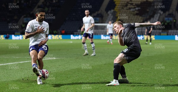 040325 - Preston North End v Swansea City - Sky Bet Championship - Lewis O'Brien of Swansea shot on goal blocked by Kaine Kesler-Hayden of Preston North End