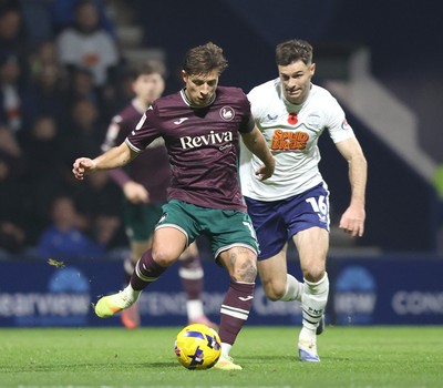 051125 - Preston North End v Swansea City - Sky Bet Championship - Goncalo Franco of Swansea and Andrew Hughes of Preston North End