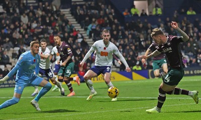 051125 - Preston North End v Swansea City - Sky Bet Championship - Goalkeeper Daniel Iverson of Preston North End saves the shot of Josh Tymon of Swansea