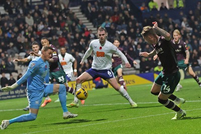 051125 - Preston North End v Swansea City - Sky Bet Championship - Goalkeeper Daniel Iverson of Preston North End saves the shot of Josh Tymon of Swansea