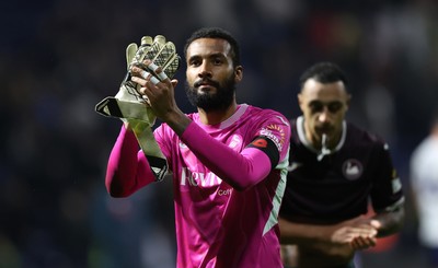 051125 - Preston North End v Swansea City - Sky Bet Championship - Goalkeeper Lawrence Vigouroux of Swansea applauds the travelling fans at the end of the match