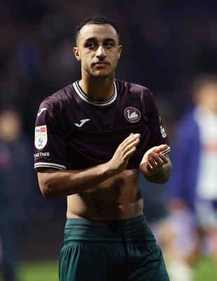 051125 - Preston North End v Swansea City - Sky Bet Championship - Adam Idah of Swansea applauds the travelling fans at the end of the match