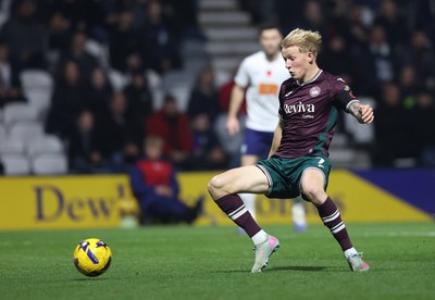 051125 - Preston North End v Swansea City - Sky Bet Championship - Melker Widell of Swansea tries to reach ball in front of goal mouth for a shot