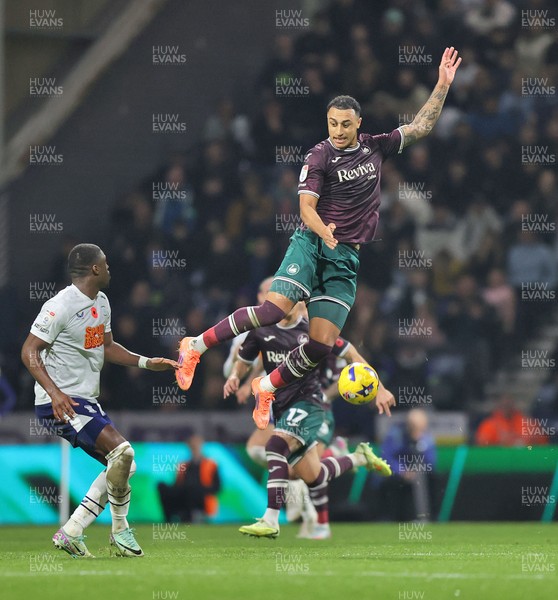 051125 - Preston North End v Swansea City - Sky Bet Championship - Adam Idah of Swansea outheads the opposition