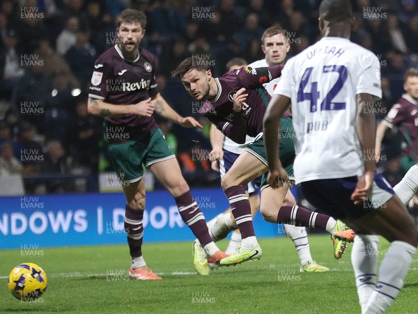051125 - Preston North End v Swansea City - Sky Bet Championship - Liam Cullen of Swansea tries a shot on goal