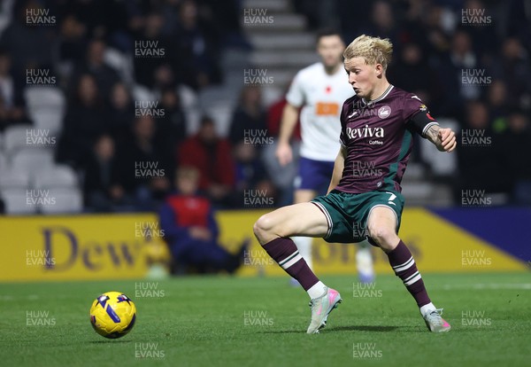 051125 - Preston North End v Swansea City - Sky Bet Championship - Melker Widell of Swansea tries to reach ball in front of goal mouth for a shot
