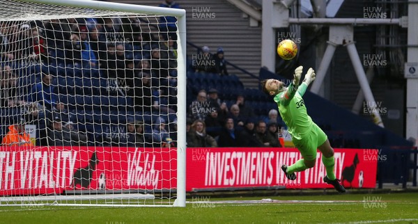 120119 - Preston North End v Swansea City - Sky Bet Championship - Declan Rudd of Preston North End saves a shot from Besant Celina of Swansea   