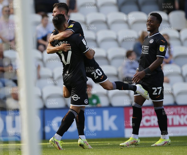 280821 - Preston North End v Swansea City - Sky Bet Championship - Joel Piroe of Swansea celebrates scoring the 1st goal of the match with Liam Cullen of Swansea and Ethen Laird of Swansea
