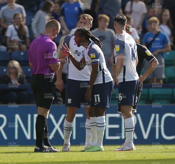 280821 - Preston North End v Swansea City - Sky Bet Championship - Daniel Johnson of Preston North End shows disapproval to referee Thomas Bramall after incident