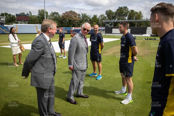 090721 - Prince Charles, the Prince of Wales meets Glamorgan Head Coach Matthew Maynard and captain Chris Cooke during his visit to  Glamorgan County Crickets ground Sophia Gardens in Cardiff this morning