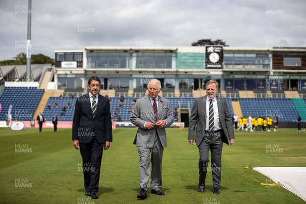 090721 - Prince Charles, the Prince of Wales with Chairman Gareth Williams and CEO Hugh Morris during his visit to Glamorgan County Crickets ground Sophia Gardens in Cardiff this morning