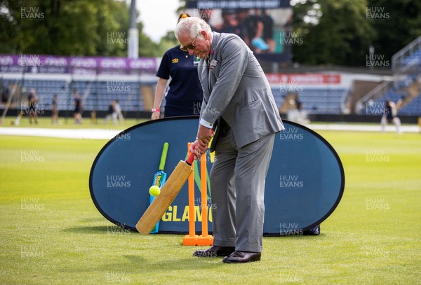 090721 - Prince Charles, the Prince of Wales has a go at batting during his visit to Glamorgan County Crickets ground Sophia Gardens in Cardiff this morning