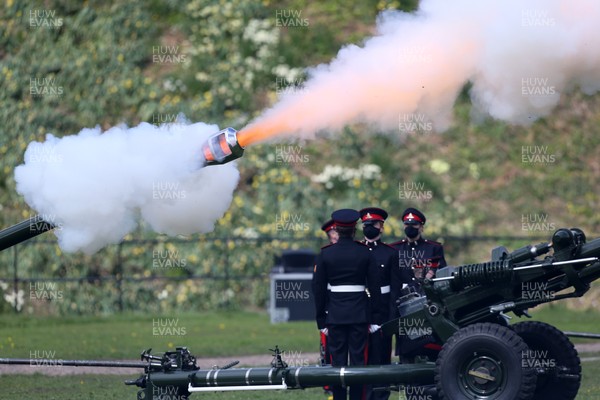 100421 Gun Salute, Cardiff Castle - A 41 gun salute is fired at Cardiff Castle in honour of HRH The Prince Philip, Duke of Edinburgh whose death was announced yesterday The salute was one of a number that took place in cities in the UK, Gibraltar and also on Royal Navy ships at sea