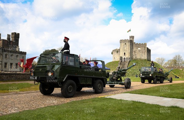 100421 Gun Salute, Cardiff Castle - The artillery guns are driven away after the 41 gun salute fired at Cardiff Castle in honour of HRH The Prince Philip, Duke of Edinburgh whose death was announced yesterday The salute was one of a number that took place in cities in the UK, Gibraltar and also on Royal Navy ships at sea