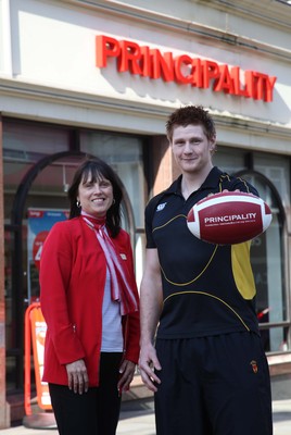 08.04.10 ... Pic from WRU -  Principality Player of the Month, March 2010, Andrew Coombs of Newport RFC at the Newport branch of the Principality with Branch Manager Claire Ellis 