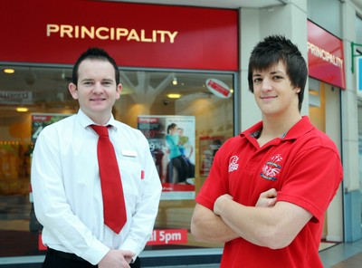 17.02.10-WRU Principality Player of the Month. Llanelli RFC  Dale Ford at the Llanelli Branch of the Principality Building Society, with Dean Roberts (customer advisor). 