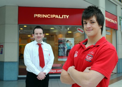 17.02.10-WRU Principality Player of the Month. Llanelli RFC  Dale Ford at the Llanelli Branch of the Principality Building Society, with Dean Roberts (customer advisor). 