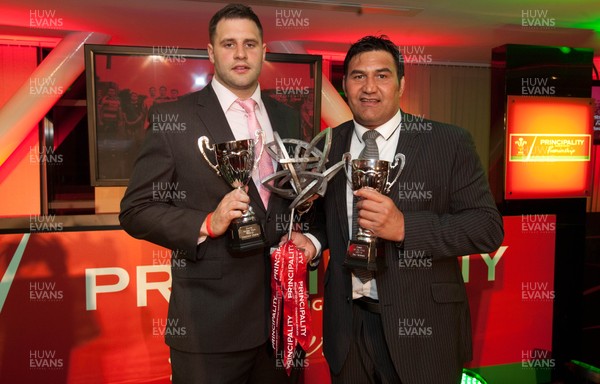 280513 - WRU Principality Premiership Awards Dinner - Pontypridd's Chris Dicomidis and coach Dale McIntosh with their Player and Coach of the Year Awards