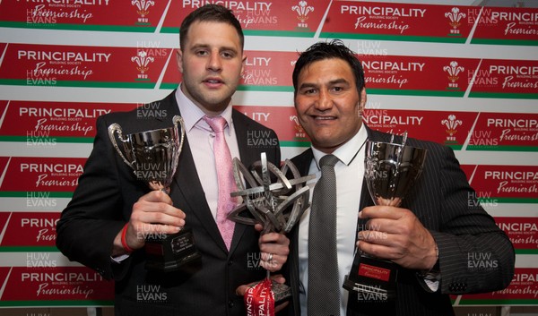 280513 - WRU Principality Premiership Awards Dinner - Pontypridd's Chris Dicomidis and coach Dale McIntosh with their Player and Coach of the Year Awards