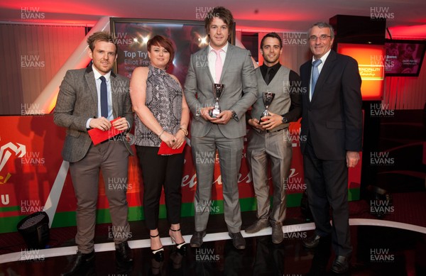 280513 - WRU Principality Premiership Awards Dinner - Joint winners of Top Try Scorer Award, Elliot Frewin of Newport and Jason Harries of Carmarthen with Geoff Williams BBC Cymru Wales Head of Sport, right, and Daniel James and Nikki Willacott from Principality Connect