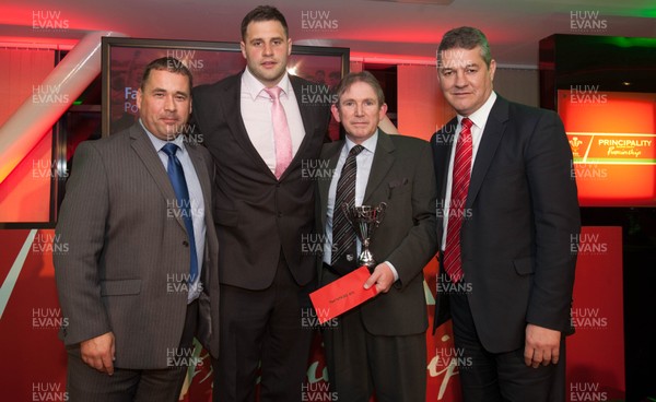 280513 - WRU Principality Premiership Awards Dinner - WRU Chairman David Pickering, right, and Jason Newsway, Principality's Head of Intermediary Sales, left, present Pontypridd RFC's captain Chris Dicomidis and Chief Executive Steve Reardon, with The Fair Play Award