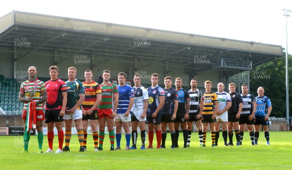 240816 - Principality Premiership Launch -Ebbw Vale captain Damien Hudd with the other 15 premiership club players