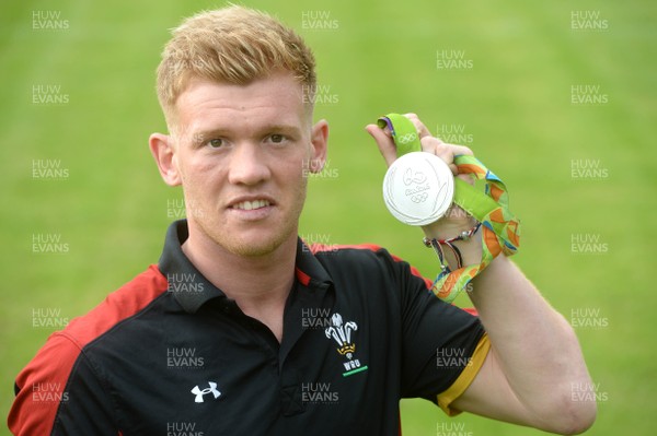 240816 - Principality Premiership Launch -GB Olympic sevens rugby player Sam Cross with his silver medal