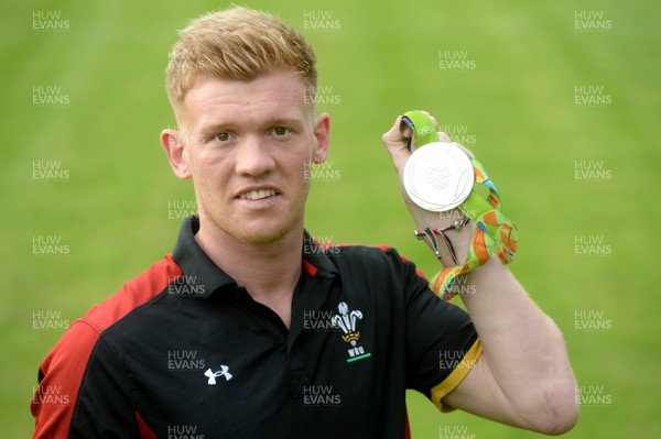 240816 - Principality Premiership Launch -GB Olympic sevens rugby player Sam Cross with his silver medal