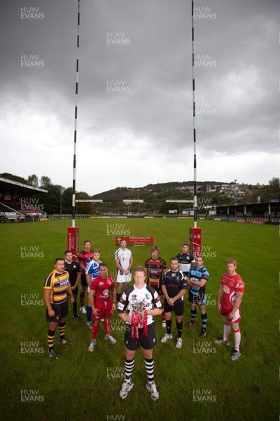 290812 - WRU Principality Premiership Launch, Pontypridd - Representatives of the teams in the 2012-13 WRU Principality Premiership at the launch at Pontypridd RFC Left to right - Gethin Robinson of Newport; Aled Williams of Neath; Sam Williams of Aberavon; Jonathon Vaughan of Bridgend; Craig Hawkins of Llanelli; Sam Kiley of Swansea; Dan Godfrey of Pontypridd; Jason Harries of Carmarthen Quins; Rob Nash of Cross Keys; Ross Wardle of Bedwas; Shaun Powell of Cardiff and Lloyd Phillips of Llandovery