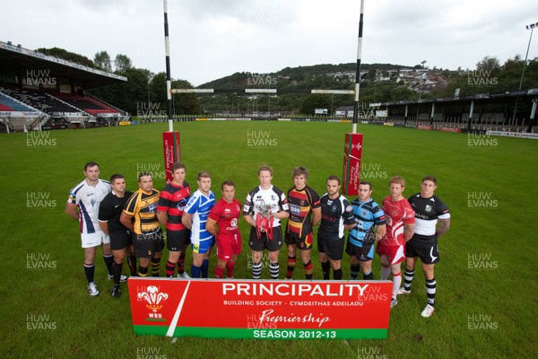 290812 - WRU Principality Premiership Launch, Pontypridd - Representatives of the teams in the 2012-13 WRU Principality Premiership at the launch at Pontypridd RFC Left to right - Sam Kiley of Swansea; Aled Williams of Neath; Gethin Robinson of Newport; Sam Williams of Aberavon; Jonathon Vaughan of Bridgend; Craig Hawkins of Llanelli; Dan Godfrey of Pontypridd; Jason Harries of Carmarthen Quins; Rob Nash of Cross Keys; Shaun Powell of Cardiff and Lloyd Phillips of Llandovery and Ross Wardle of Bedwas