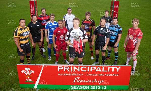 290812 - WRU Principality Premiership Launch, Pontypridd - Representatives of the teams in the 2012-13 WRU Principality Premiership at the launch at Pontypridd RFC Left to right - Gethin Robinson of Newport; Aled Williams of Neath; Sam Williams of Aberavon; Jonathon Vaughan of Bridgend; Craig Hawkins of Llanelli; Sam Kiley of Swansea; Dan Godfrey of Pontypridd; Jason Harries of Carmarthen Quins; Rob Nash of Cross Keys; Ross Wardle of Bedwas; Shaun Powell of Cardiff and Lloyd Phillips of Llandovery