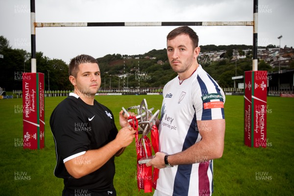 290812 - WRU Principality Premiership Launch, Pontypridd - Representatives of the teams in the 2012-13 WRU Principality Premiership at the launch at Pontypridd RFC Aled Williams of Neath and Sam Kiley of Swansea whose teams meet in the first round of matches