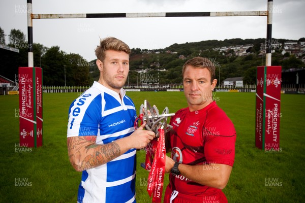 290812 - WRU Principality Premiership Launch, Pontypridd - Representatives of the teams in the 2012-13 WRU Principality Premiership at the launch at Pontypridd RFC Jonathon Vaughan of Bridgend and Craig Hawkins of Llanelli whose teams meet in the first round of matches