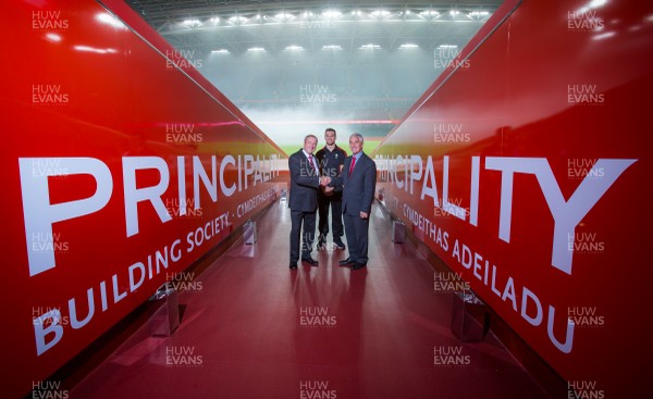 080915 - Launch of Principality Stadium, Cardiff -Graeme Yorston, Group Chief Executive of the Principality Building Society, left, with Wales Rugby Captain Sam Warburton, centre and Gareth Davies, Chairman of the Welsh Rugby Union, right, at the announcement of the changing of the name of the Millennium Stadium to the Principality Stadium