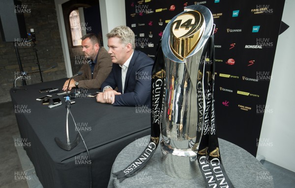 270819 - Guinness PRO14 Final 2020 Press Conference, Cardiff Castle - Welsh Rugby Union CEO Martyn Phillips, left, and Martin Anayi, CEO of PRO14 during press conference to mark the announcement of Cardiff as host city for the Guinness PRO14 2020 Final