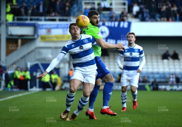 010118 - Queens Park Rangers v Cardiff City - Sky Bet Championship - Callum Paterson of Cardiff City and Jake Bidwell of QPR compete