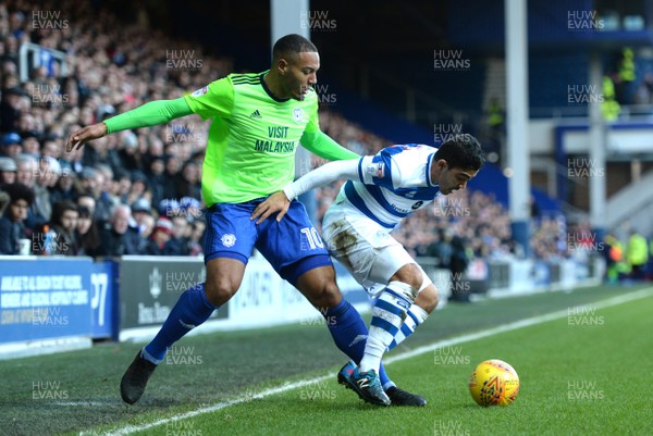 010118 - Queens Park Rangers v Cardiff City - Sky Bet Championship - Kenneth Zohore of Cardiff City and Massimo Luongo of QPR compete