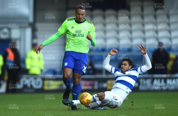010118 - Queens Park Rangers v Cardiff City - Sky Bet Championship - Kenneth Zohore of Cardiff City is tackled by Massimo Luongo of QPR