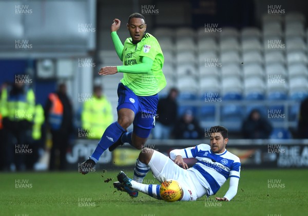 010118 - Queens Park Rangers v Cardiff City - Sky Bet Championship - Kenneth Zohore of Cardiff City is tackled by Massimo Luongo of QPR