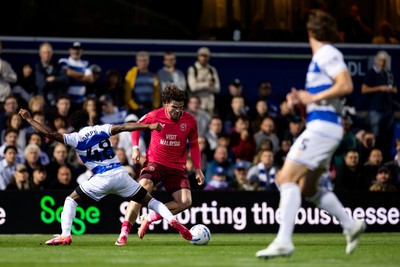 020926 - Queens Park Rangers v Cardiff City - Sky Bet Championship - Ollie Tanner of Cardiff City is challenged by Tariq Lamptey of Queens Park Rangers